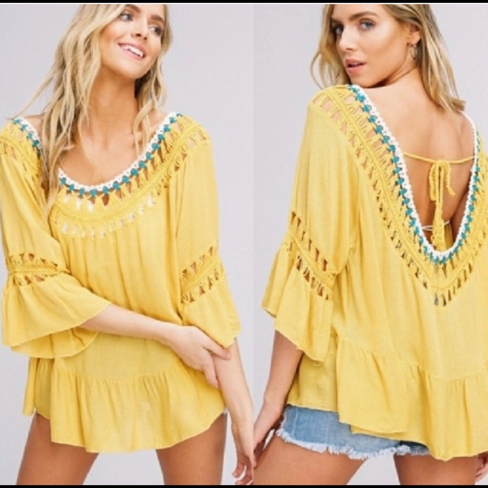 Here Comes the Sun Yellow Boho Crochet Blouse